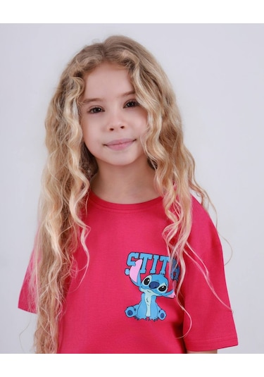 Miniko Kids Kız Çocuk Stitch Modelli Pamul Şortlu Takım Fuşya