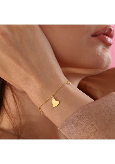 Queen Silver Jewelry 925 Ayar Gümüş. Kalp Objeli Zirkon Taş Sallantılı Bileklik Altın