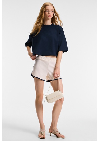 VELA Kadın Esnek Kumaşlı Bisiklet Yaka Oversize Fit Lacivert T-Shirt