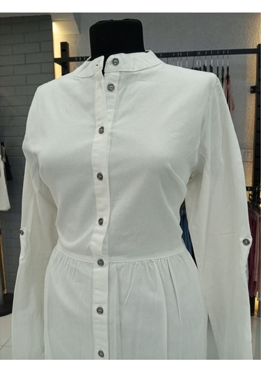 Kumaşlı Boydan Düğmeli Kot Elbise- Beyaz 001