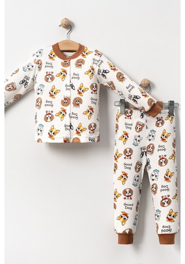 Kız Çocuk Desenli Pamuklu 2'li Pijama Takımı Ekru - Kahverengi