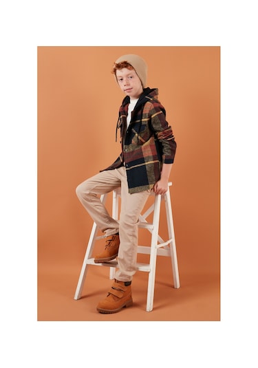 Lela Kapüşonlu Çift Cepli Ekoseli Kışlık Oduncu Erkek Çocuk Gömlek Cf24W81781 Lacivert-Sarı