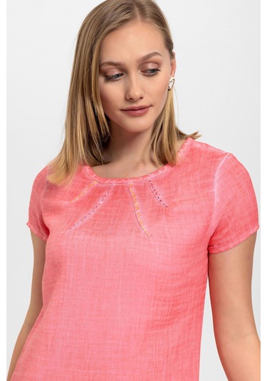 Pembe Çiçek İşlemeli Kısa Kollu Yazlık Astarsız Pamuklu Elbise Pembe