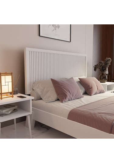 Alaz Model Beyaz Renk Çam Ahşap Karyola Ve İki Komodin Set Dikey -298 90 x 190