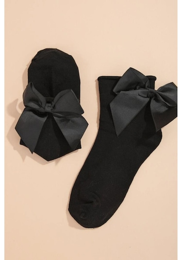 Heleni Kadın Bambu Siyah Fiyonklu Siyah Soket Çorap Siyah