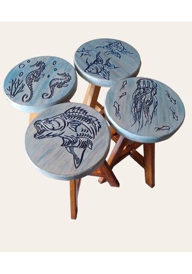 Sea Stool Deniz Temalı Tamamı El Yapımı Ahşap Tabure