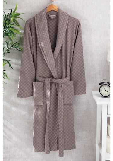 %100 Pamuk Plaid Desen Bej Renk Bornoz Bej