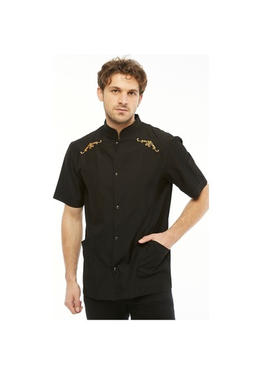 Uniprom Kısa Kollu Aşçı Ceketi Önlük Omuz Nakışlı Cepli Şef, Garson Siyah