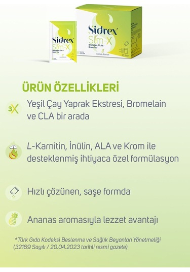 Sidrex Slm-x Bromelain Cla ve Yeşil Çay Ekstresi İçeren Takviye Edici Gıda 30 Saşe