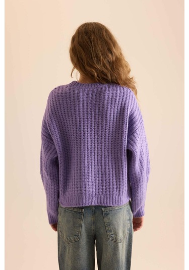 DeFacto Coool Oversize Geniş Kalıp Bisiklet Yaka Triko Kazak V1811AZNSPR262 Mor