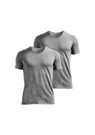 Josejuan 2'li Erkek Atlet V Yaka Yarım Kollu Koton Likralı 1303-2'li Gri Melanj