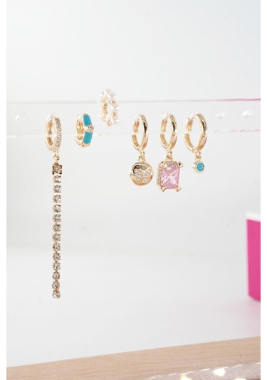 By Zeyna Aksesuar Kadın Vip Seri Özel Tasarım Baget Zirkon Taşlı 6'lı Küpe Seti-4475 Altın