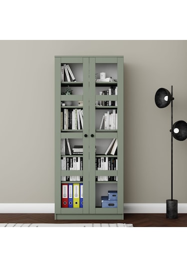 Lucas Cam Kapaklı Vitrin - Büfe - Kitaplık Ve Çok Amaçlı Dolap Ayarlanabilir Raf - Yeşil Yeşil