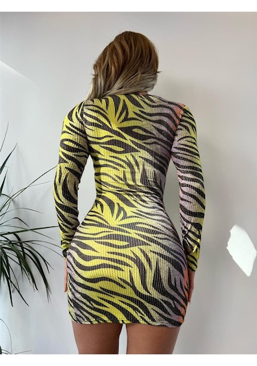 Pink Life Zebra Desenli Kruvaze Yaka Mini Elbise Sarı