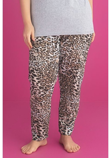 X-dreamy Büyük Beden Pamuklu Leopar Desenli Kısa Kollu Pijama Takımı Leopar