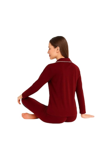Kadın Bordo Düğmeli Uzun Kol Pijama Takımı Kırmızı