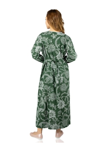 Uzun Kol Şile Bezi Baskılı Uzun Elbise Çınar Desen Yeşil