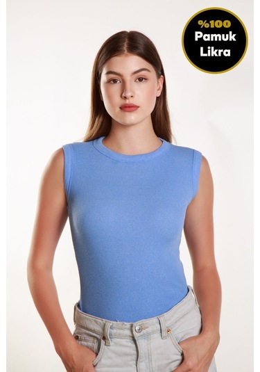 Kadın Bebe Mavisi Fitilli Likralı Sıfır Kol Bisiklet Yaka Örme Atlet Tshirt Bluz Bebe Mavi