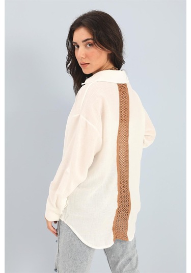 Gömlek Dantel Detaylı Keten - Ekru-ekru Ekru