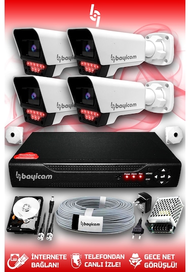 Bayicam 4 Kameralı Süper 4 Dış Kamera Set 250 GB 5 MP 2K Net Gece Görüşlü Güvenlik Kamerası Sistemi