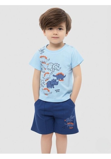 Erkek Bebek Hayvan Baskılı Şortlu Takım-15836 Mavi