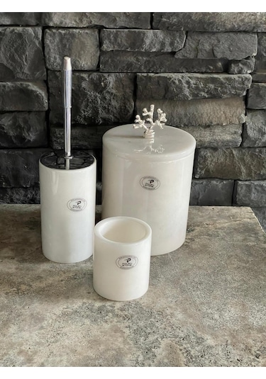 Beyazı Mermer Çöp Kovası, Wc Fırçalığı, Diş Fırçalık 3,lü Set Beyaz