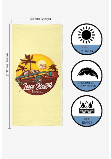 Vevien Tong Beach Car Dijital Baskılı Plaj Havlusu Sarı 75x150 Cm