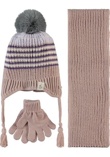 Kitti Kız Çocuk Atkı Bere Eldiven Set 1-4 Yaş Pudra 24240600323w1-3