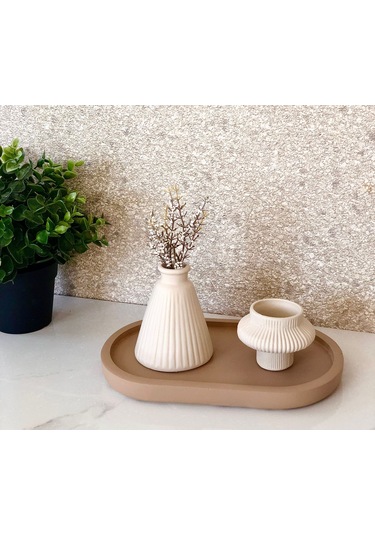 Thiramis Homeconcept Mocha Tepsi Bej Mini Vazo & Tealight 3lü Set