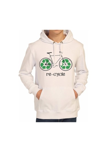 Bant Giyim - Re-Cycle Beyaz Kapşonlu Erkek Sweatshirt Hoodie