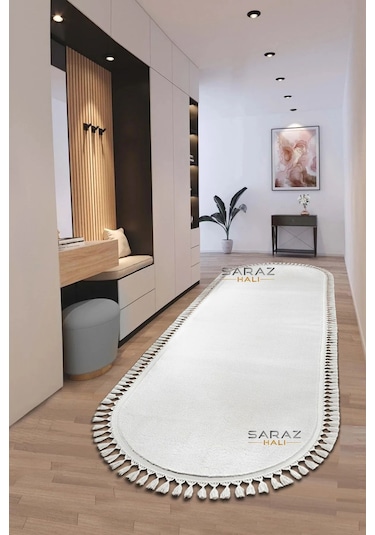 Puffy Gri Oval Örgü Saçaklı Peluş Yumuşacık Yıkanabilir Kaymaz Taban Halı Salon Oturma Odası Beyaz