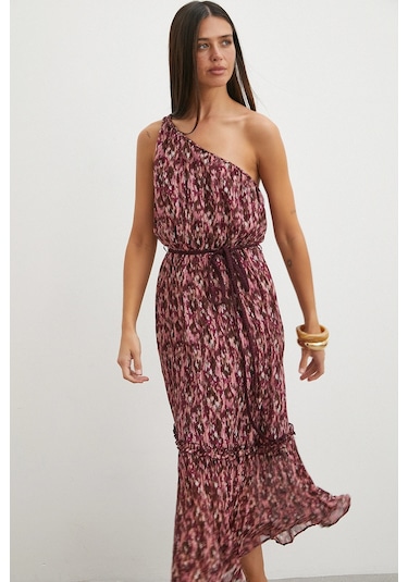 Uterpe One Shoulder Floral Print Maxi Dress Mürdüm