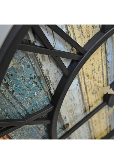 Otantik Ferforje Metal Ahşap Eskitme Duvar Saati 76Cm Ahşap