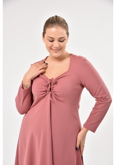 Scuba Göğsü Bağlama Detaylı Uzun Kol Mevsimlik Midi Boy Elbise 001