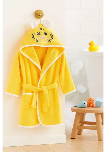 Kapşonlu Unisex %100 Pamuklu Çocuk Banyo Bornozu Tiger 11-12 Yaş