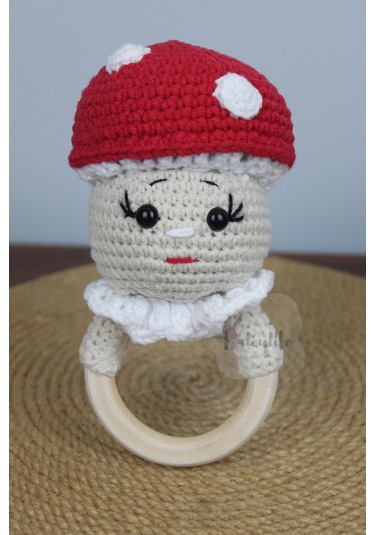Aleylife Amigurumi Organik Mantar Çıngırak Diş Kaşıyıcı Bej - Kırmızı