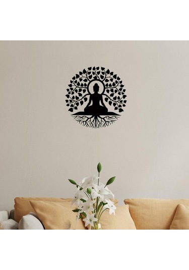 Homyl Buda Ağacı Metal Duvar Sanat Siyah Din Dekoru Zen Dekor 40-cm
