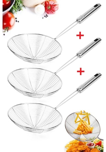 3 Adet Servis Seti Kepçe Kevgir Mutfak Patates Kızartma Yağ Süzg