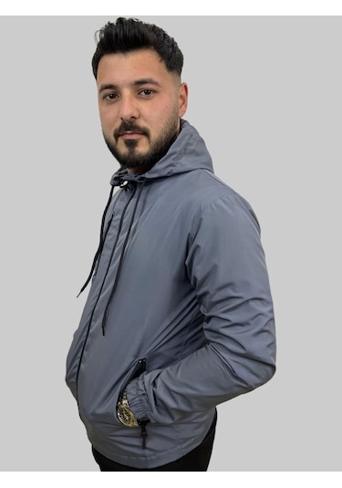 Erkek Kapüşonlu File Detaylı Füme Yağmurluk Füme