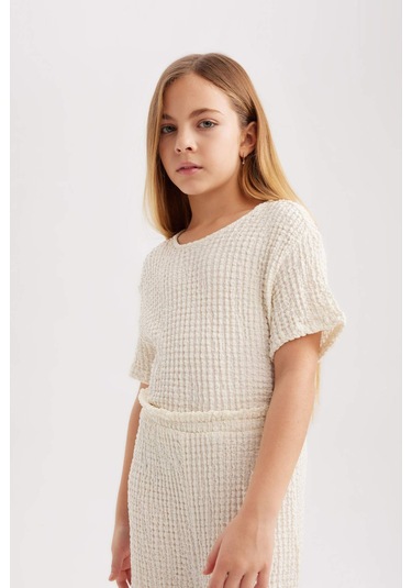 Defacto Kız Çocuk Kısa Kollu Uzun Tulum B4637A824SMER238 Ekru