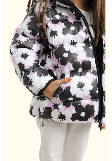 Kız Çocuk Pusula Desen Polar Su Ve Rüzgar Geçirmez Kapüşonlu Şişme Kışlık Mont Beyaz