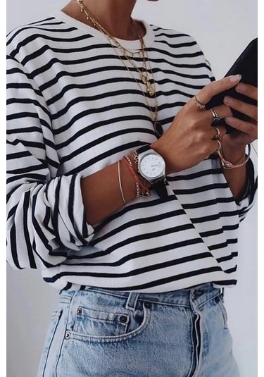 Beyaz Çizgili Sweatshirt Mg2572 Beyaz