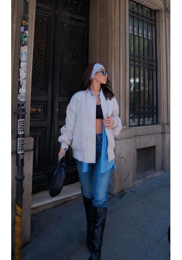 Tua Moda Cepli Bomber Ceket Mont - Beyaz Beyaz