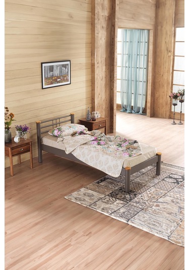 Kappis-s Tek Kişilik Ferforje Metal Karyola-kahverengi Ahşap Latalı