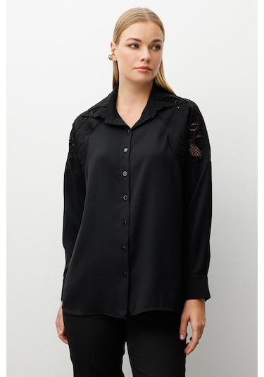Moda İlgi Kadın Nakış Detaylı Oversize Gömlek 0095 Siyah Siyah