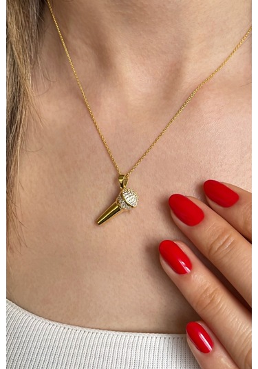 18k Altın Kaplamalı 925 Ayar Gümüş Mikrofon Kolye - 23174302 Altın