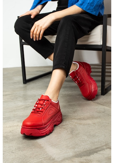 Günlük Kadın Spor Ayakkabı Yüksek Kalın Taban 6 Cm Suni Deri Sneaker 001 Kırmızı