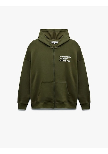 Koton Şardonlu Baskılı Fermuarlı Kapüşonlu Kadın Oversize Sweatshirt 6wal10142ık Haki