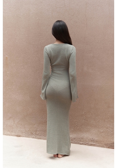 Ortensia Metal Detay Haki Uzun Triko Elbise Haki