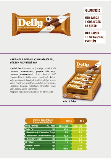 Delly Karamel Aromalı Çikolata Kaplı Yüksek Protein Bar 12 x 40 G
